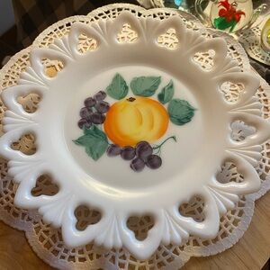 Vintage Hand painted Kemple Milk Glass Reticulated 7 plate Fruit